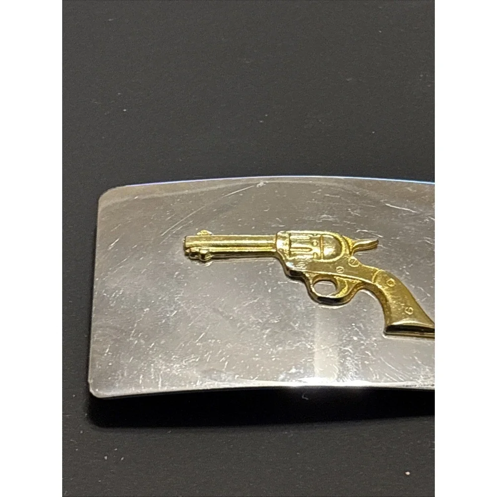 Vintage Made In USA Silver Tone Belt Buckle Gold Revolver Western Pistol Gun